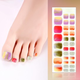 SILPECWEE Semi Cured Gel Nail Strips for Toes (Enchanting Rainbow - 32PCS), UV Light Required | Salon Quality | Long Lasting Toe Nail Stickers Gel Nails Wraps for Women Girl Manicure