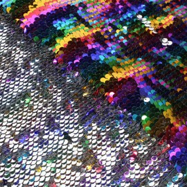 VACVELT Flip Sequin Fabric by The Yard, Half Yard Reversible Sequin Fabric, Rainbow + Silver Glitter Fabric Sparkly Mermaid Sequin Fabric for Graffiti, Bridal Dress, Wedding Decorations, Sewing