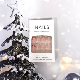 French Tip Press on Nails Christmas Short Fake Nails Christmas Hat Elk Gifts False Nails with Sliver Glitters Designs Glossy Square Glue on Nails Sliver Red Nail Tips Acrylic Nails for Women Girls