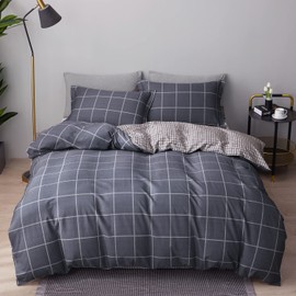 SAPHREAS Gray Plaid Duvet Cover Set 100% Cotton Comforter Cover Set 1 Duvet Cover 2 Pillow Shams Double Size