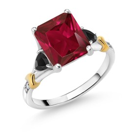 Gem Stone King 925 Silver and 10K Yellow Gold Red Created Ruby and Black Onyx and Diamond Engagement Ring For Women (4.06 Cttw, Emerald Cut 10X8MM, Trillion 3.5MM, Size 5)