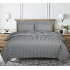 Ev Dekor® Double Duvet Cover Set Hotel Quality Stripes Satin Bedding Double Bed Set with 2 Pillowcases, Reversible Hypoallergenic Soft Microfiber Breathable Bed Covers - Light Grey - Double