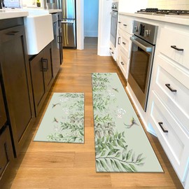 LB Eucalyptus Kitchen Mats for Floor Cushions Anti Fatigue Kitchen Mat Hummingbird on Sage Green Kitchen Rugs Sets of 2 Kitchen Carpets and Rugs Non-Slip Washable Kitchen Floor Mat, 24"x16"+47"x16"