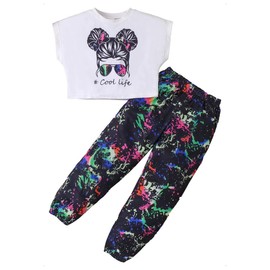 KONFEN Girls Hip Hop Clothes Set, Crop Top + Pants with Pocket Set Street Outfit, Cropped Short Sleeves T Shirt and Camouflage Jogger Pants 2PCS Sports Suit Summer, Black for 5-6 Years