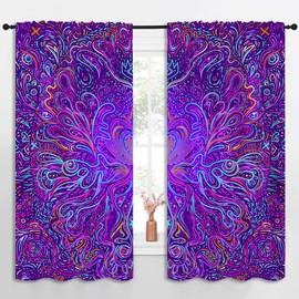 Purple Trippy Hypnotic Rod Pocket Blackout Curtains for Boy Girl Bedroom, Ethnic Indian Style Abstract Hippie and Boho Texture Light Filtering Window Drapes for Living Room Darkening, 63x63 inch