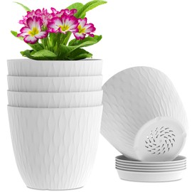 WSMKSZ 6 inch Flower Pots, 5 Pack Plant Pots with Drainage Holes and Saucers for Indoor Plants, Plastic Planters with Water Ripple for Small Garden House Plants, Nursery Pots for Succulent, White