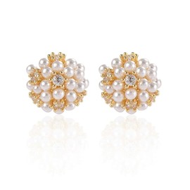 Round Pearl Flower Stud Earrings for Women Girls Sterling Silver Post Gold Plated CZ Crystal Shell Pearl Cluster Bouquet Ball Small Studs Cartilage Piercing Earring Hypoallergenic Elegant Wedding Holiday Party Jewelry Gifts