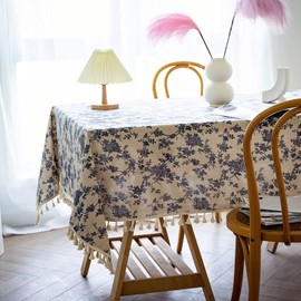 YUURAIN VUVU French Vintage Blue Rose Floral Cotton Linen Fabric, Stitching Tassel Rectangle Tablecloth for Kitchen | Dining | Tabletop | Decoration | Tea Party | Weddings | Farmhouse (55x70 Inches)