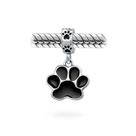925 Silver Black Enamel Dog Paw Animal Dangle Bead Charm