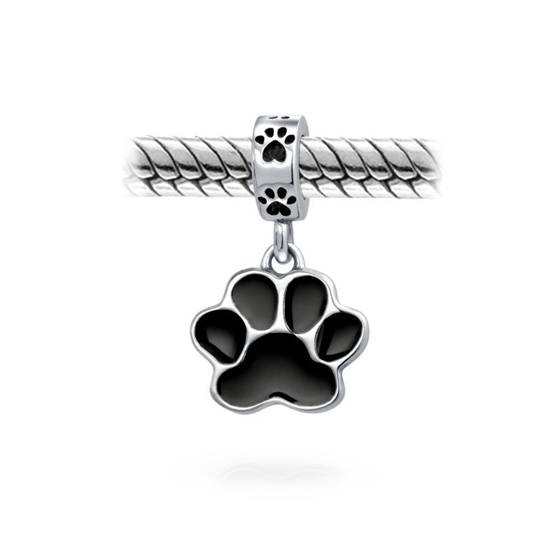 925 Silver Black Enamel Dog Paw Animal Dangle Bead Charm