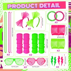 2 Sets 80s Neon Party Accessories for Women,Fancy Dress for bosom friend,with Lightning Earrings Necklaces Bracelets Fishnet Gloves Headband Glasses Leg Warmers, Retro Parties Hen Do Parties Girls