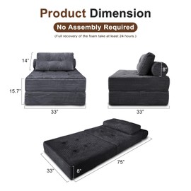 Nigoone Comfy Foldable Sleeper Chair with Pillow, Supportive Memory Foam, Plush Corduroy Fabric, Cozy Floor Couch, Versatile Convertible Mattress for Bedroom/Living Room/Guest/Office, Dark Grey