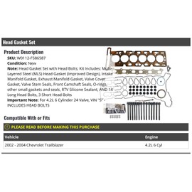 Cylinder Head Gasket Set with Head Bolts - Compatible with 2002-2004 Chevy Trailblazer 4.2L 6-Cylinder