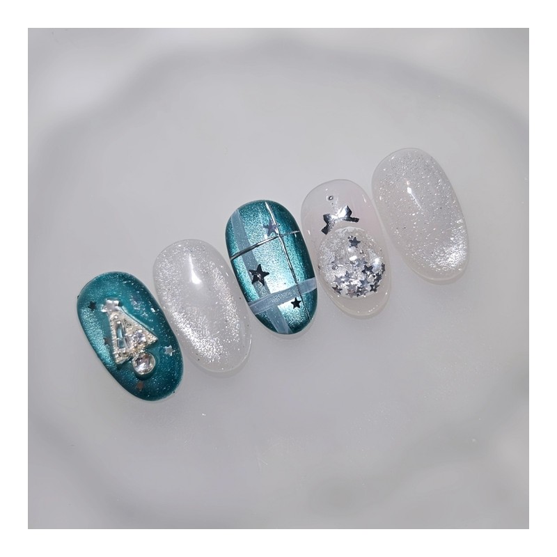 Teal Green Winter Ornament Handmade Nail Tips - Almond Long