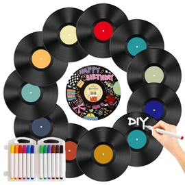 Leptetek 12 PCS Vinyl Records Decorations 12 Inch with Markers, Double Side Tape and Vinyl Center Label, Vintage Record Decor for Wall Aesthetic, Rock & Roll Music Party Decor