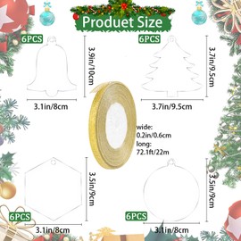 Fangoo 24Pcs Christmas Bauble Blank Acrylic Disc Ornaments 4 Shape Clear Hanging Christmas Tree Decorations with Golden Ribbons for Handicraft Production and Christmas Party Decoration