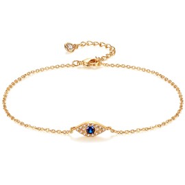 Dremmy Studios Dainty Gold Evil Eye Ankle Bracelet for Women, 14k Gold Plated Blue Cubic Zirconia Evil Eye Anklet Summer Beach Adjustable Gold Anklet Jewelry for Women