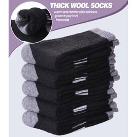 DYW Womens Merino Wool Hiking Socks Thermal Warm Winter Boot Crew Socks Cushion Work Walking Gift Socks 5 Pairs （5 Pairs Black,Medium）