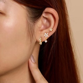 Turandoss Geometric Earrings for Women, 14K Gold Plated Minimalist Hoop Stud Earrings Set with Abstract Shapes Small Zircon Accents Jewelry Gifts for Women