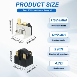 sourcing map PTC Refrigerator Starter Relay 4.7 Ohm 3 Pin and 110V-1/6HP-Middle Terminal Freezer Overload Protector for Fridge Cooler Compressor