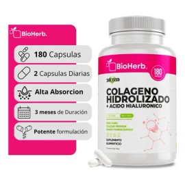 BioHerb | Colágeno Hidrolizado + Ácido Hialurónico de Alta Concentración y Absorción Óptima con 180 Cápsulas (Suministro 90 Días) – Fórmula Premium pa