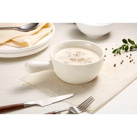 Kook French Onion Soup Crocks, Stackable Ceramic Bowls with Handles, Oven, Microwave and Dishwasher Safe, for Cereal, Soups, Casseroles, with Handle, Stoneware, 24 oz, Set of 4, White