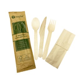 25 Count | KingSeal FSC Certified Disposable Wood Cutlery Kits, Bulk Pack, Sustainably Sourced - Spoon, Fork, Knife with Bleach-Free Napkin - 1 Bag of 25 Sets