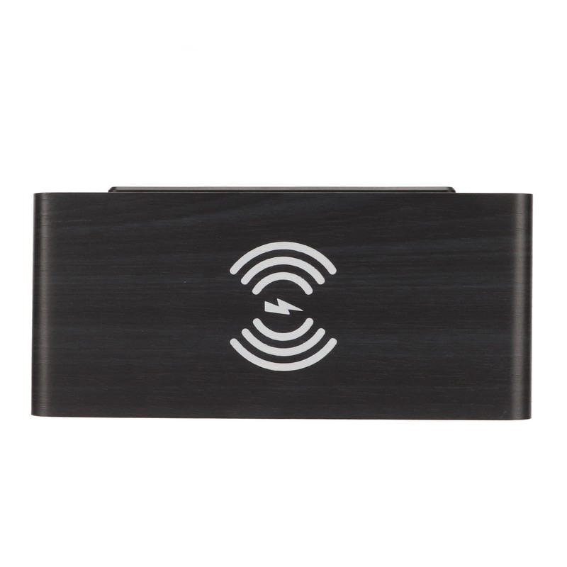 Wooden Digital Alarm Clock with Wireless Charging Black Adjustable Brightness