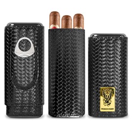TORIIOSHY Leather Cigar Travel Case, Cedar Wood Lined Portable Cigar Humidor Box with Stainless Steel Cigar Cutter, 3-Finger Cigar Holder Accessories for Men