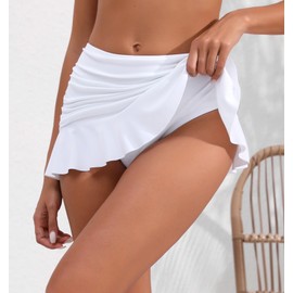 Halcurt Women's Low Waisted Ruched Ruffle Swim Skirts with Hipster Bikini Bottoms Tummy Control Swimsuit White M