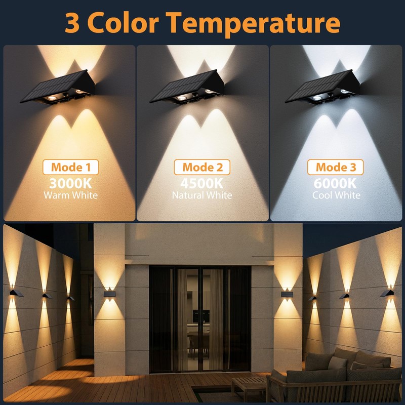 Solar Wall Lights Outdoor,8 PACK 3000/4000/6000K 3 Modes Up and