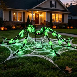 1 Pack 8 Modes 6.7 FT(Wide) Halloween Giant Spider,Light up Spider with 36 Green Lights,Light up Halloween Decorations Outside,for Yard Haunted House Window Party Porch Indoor Outside Decor