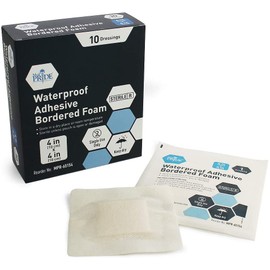 Medpride 4'' X 4'' Foam Wound Dressing (10-Count) Sterile, Waterproof Silicone Adhesive Border | Home or Emergency Healing Support | Partial or Shallow Drainage Coverage | Gentle