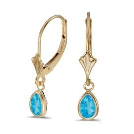 14k Yellow Gold Pear Blue Topaz Bezel Lever-back Earrings