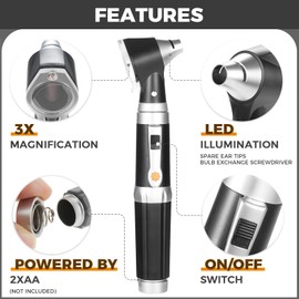 Otoscope Kit, Ear Scope with Light, 3X Magnification, 4 Speculum Tips Size, Ear Infection Detector, Otoscope Ear Care Tool Fit for Adults, Kids, Baby, Elder, Pets, Animals, Pocket Size, Black