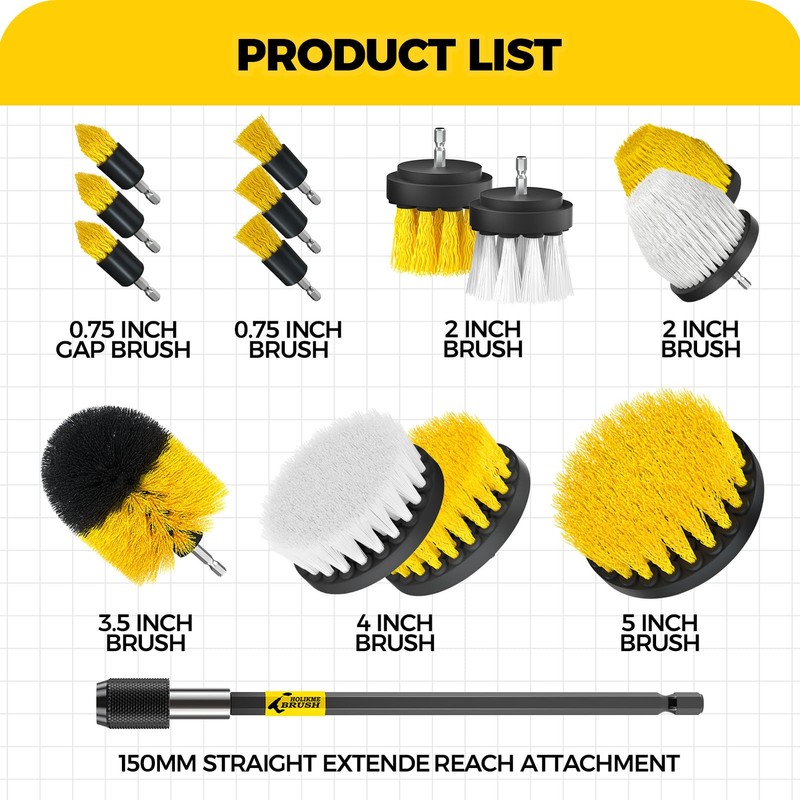 Holikme 15-Piece Drill Brush Attachment Set - Power Scrubber, Crevice,