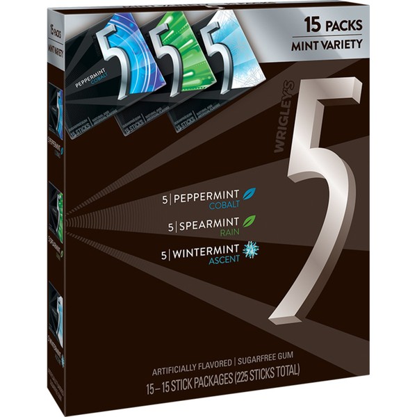 5 Gum Sugarfree Chewing Gum Three Flavor Variety Pack, 15-Count Box (Pack of 15)