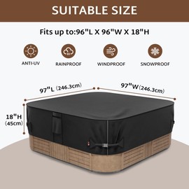 iBirdie Outdoor Waterproof and Weatherproof Hot Tub Cover 97 x 97 inch fit 96 x 96 or 95 x 95 Square SPA 600D Heavy Duty Protectors Protective Cover Cap
