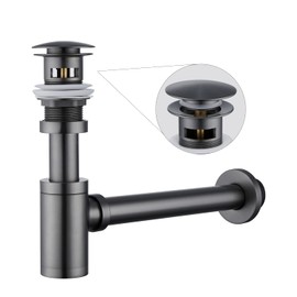 GORDEE Bathroom Sink Stopper P-Trap Complete Set Adjustable 1-1/4 Bottle Trap Solid Brass Sink Drain Kit Tube and Pop Up Drain Stopper Set with Overflow, Gun Gray Color