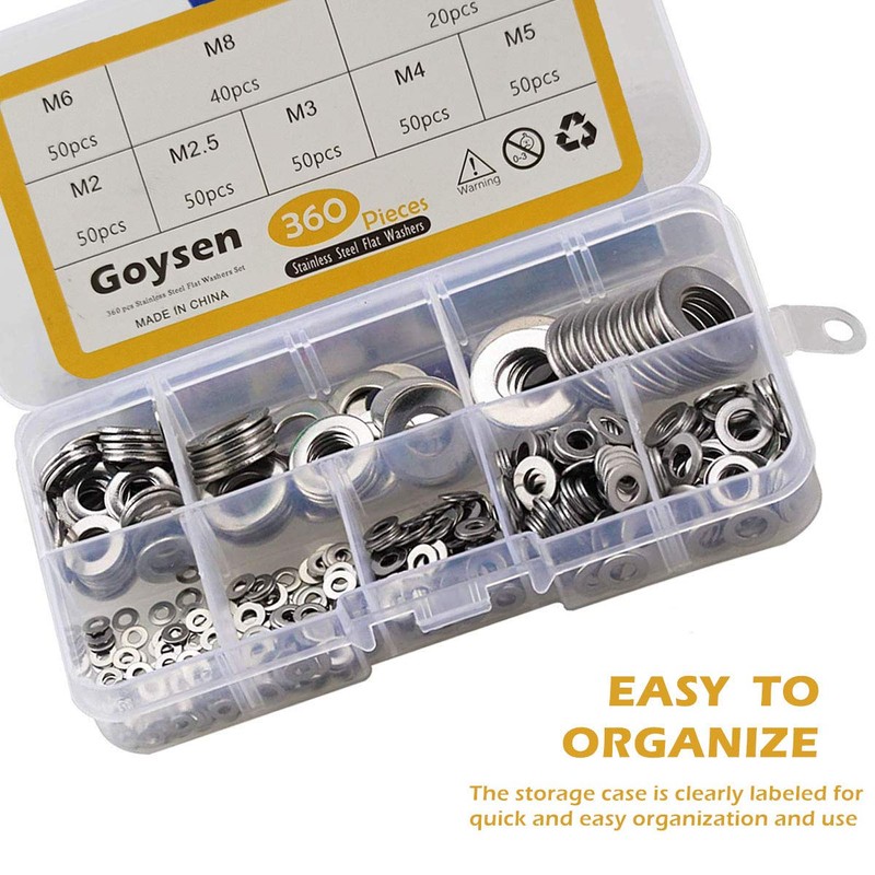 Goysen Stainless Steel Flat Washers, 360PCS Assorted Flat Metal Washers