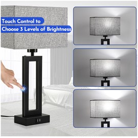 Modern Nightstand Lamps Set of 2 - Touch Control Bedside Table Lamps with USB C&A, 3 Way Dimmable for Bedrooms & Living Room, Gray & Black