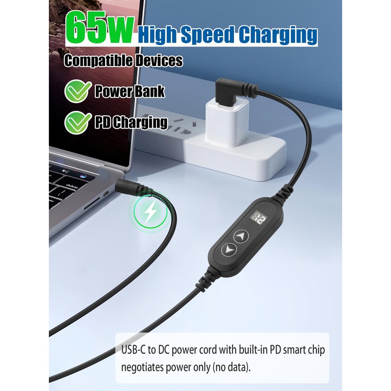 YACSEJAO USB C to DC 5.5x2.1mm Adjustable Voltage Power Cable,