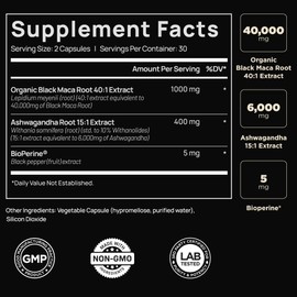 ELMNT 40,000mg 40x Strength Organic Black Maca Root with Ashwagandha - Highest Potency Black Maca Root Capsules for Men - 100% Pure Maca Peruana Powder Organic, Gelatinized, Non-GMO - 60 Pills