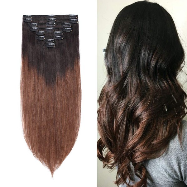 Double Weft 100% Remy Clip in Human Hair Extensions Ombre 2 Tone Color Grade 7A Quality Full Head Thick Long Straight 8pcs 18clips Balayage (18" / 18 inch 140g,Natural Black to Medium Brown)