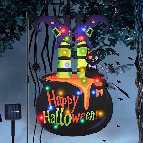Halloween Lighted Garden Flag 12"x18" – Witch Legs in Cauldron