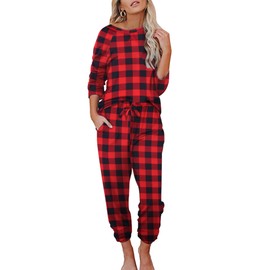 Ekouaer Womens Pajamas Set Long Sleeve Loungewear Soft Lounge Set Joggers with Pockets,Medium,Red and Black Plaid