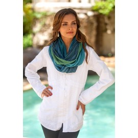 NOVICA Artisan Handmade Cotton Infinity Scarf Artisan Crafted 100% from Thailand Accessories Scarves White Green Teal Blue Striped Woven Travel Friendly ' Seaside Breezes'