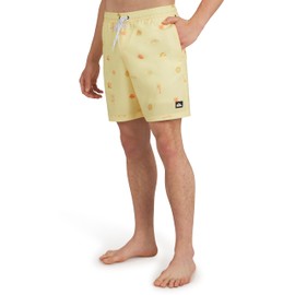 Quiksilver Men's Standard Swimwear Regular Fit Stretchable Comfort Liner Swim Trunks, Graphic Design-Pale Yellow
