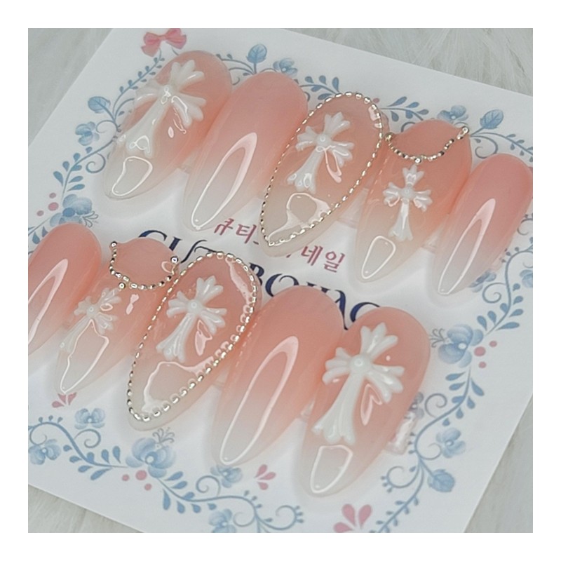 Peach Glow Cross Handmade Nail Tips - Ballerina / 피치