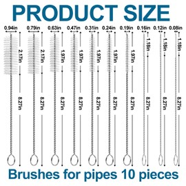 YOILES Bottle Straw Cleaning Brushes, 8 Inch Long Deep Nylon Tube Brush Set with Bendable Stainless Steel Flexible Handles for Narrow Neck Bottles, Set of 10pcs